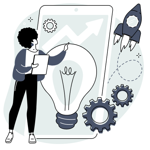 graphic of woman in front of a screen showing sales going up